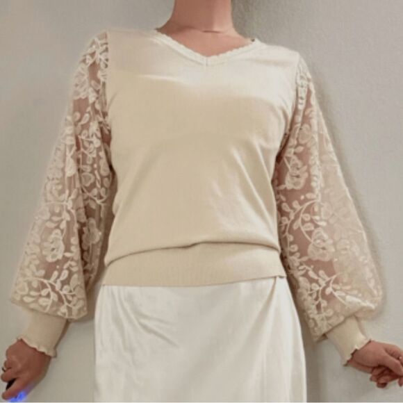 SIANI CRÈME SWEATER LACE, BEADED BALLOON SLEEVES - Size MED- NWT - Picture 11 of 15